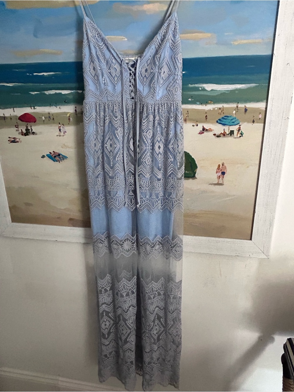Light Blue Embroidered overlay  Lace-Up Maxi Dress L
